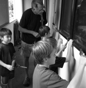 Besides running, our neighbor, Phil, has been giving the boys lessons on how to repair rusted out window frames.